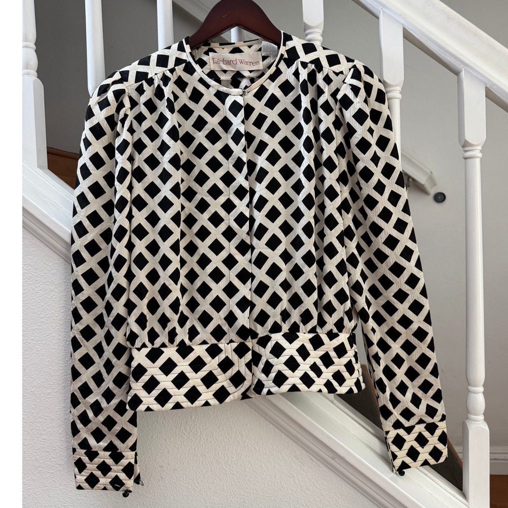 Richard Warren Vintage 100% Silk Geometric Diamond Print Blouse Black Cream Sz 8